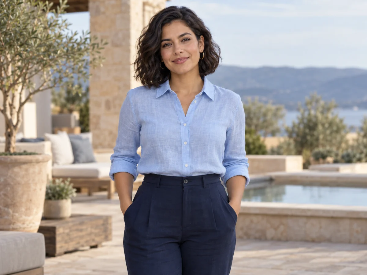 Mulher de camisa azul em um terraço com vista para as montanhas