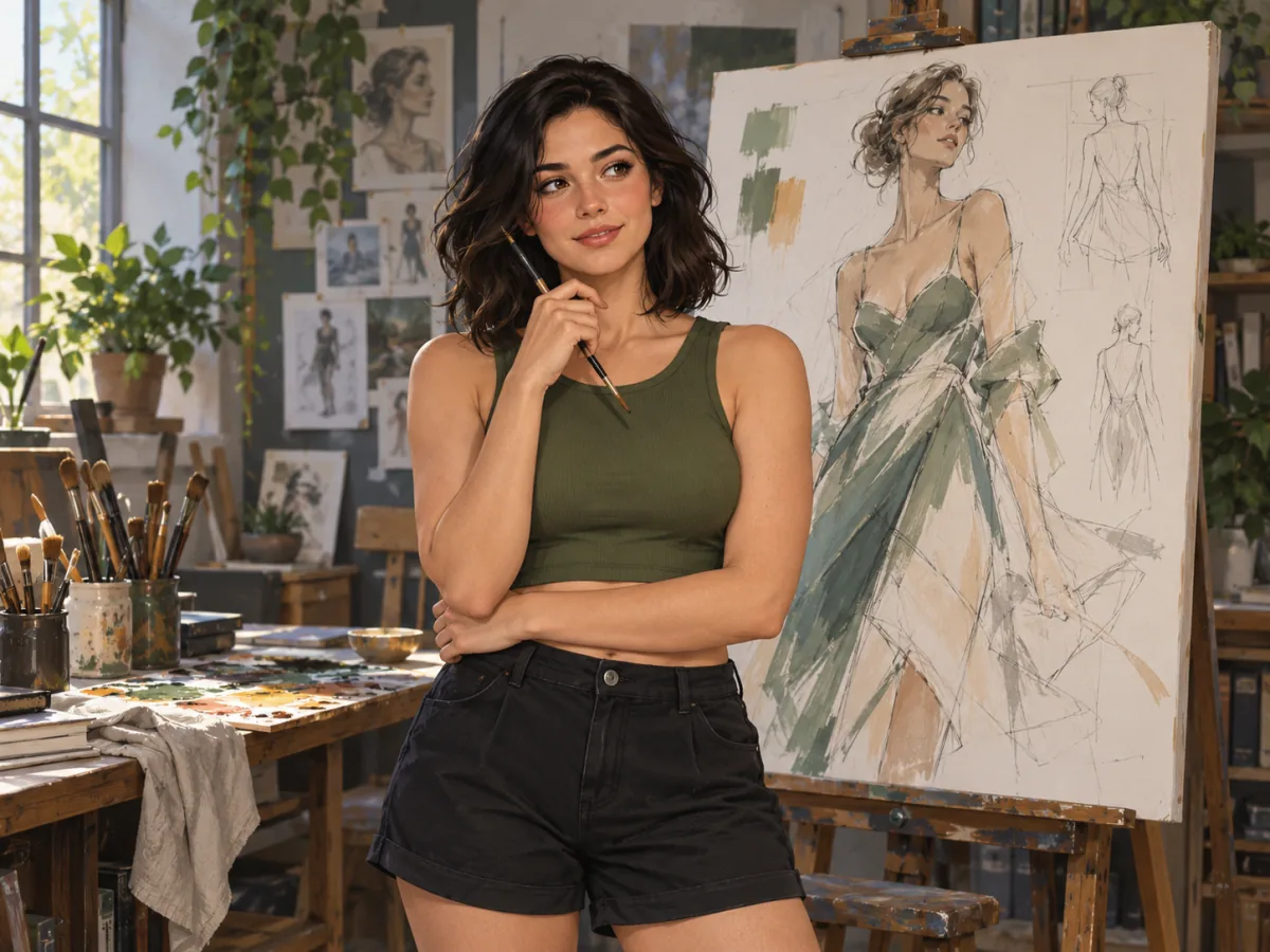 Mulher em ateliê ao lado de um desenho de figura humana
