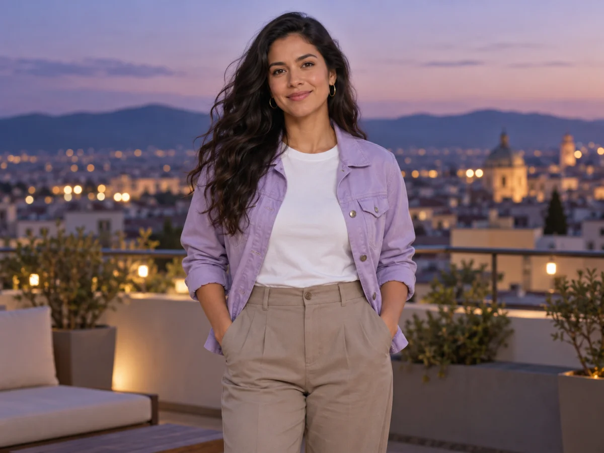 Mulher de blazer claro em um terraço com vista urbana