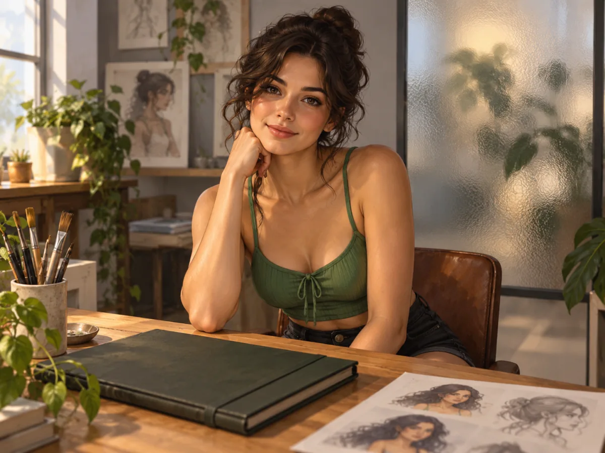 Mulher de blusa verde sentada em um ateliê iluminado
